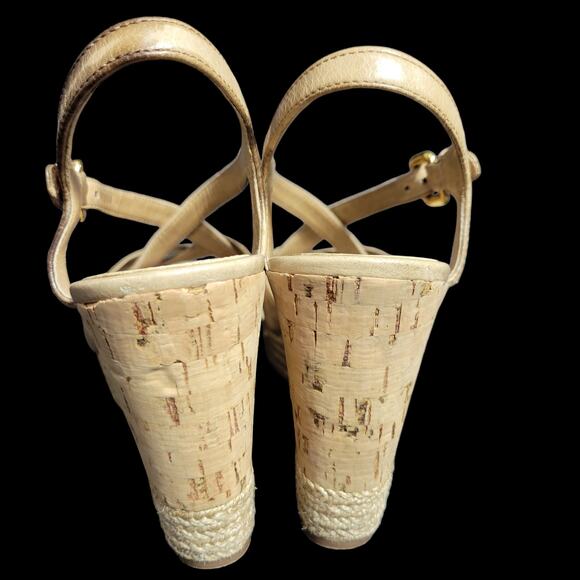 Prada Platform Sandals Tan Leather Chunky Cork Espadrille Wedge Heel Open 39.5 - Picture 5 of 15